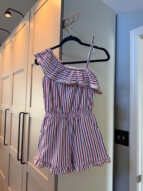 JANIE & JACK One-Shoulder Striped Romper in White, Red & Navy